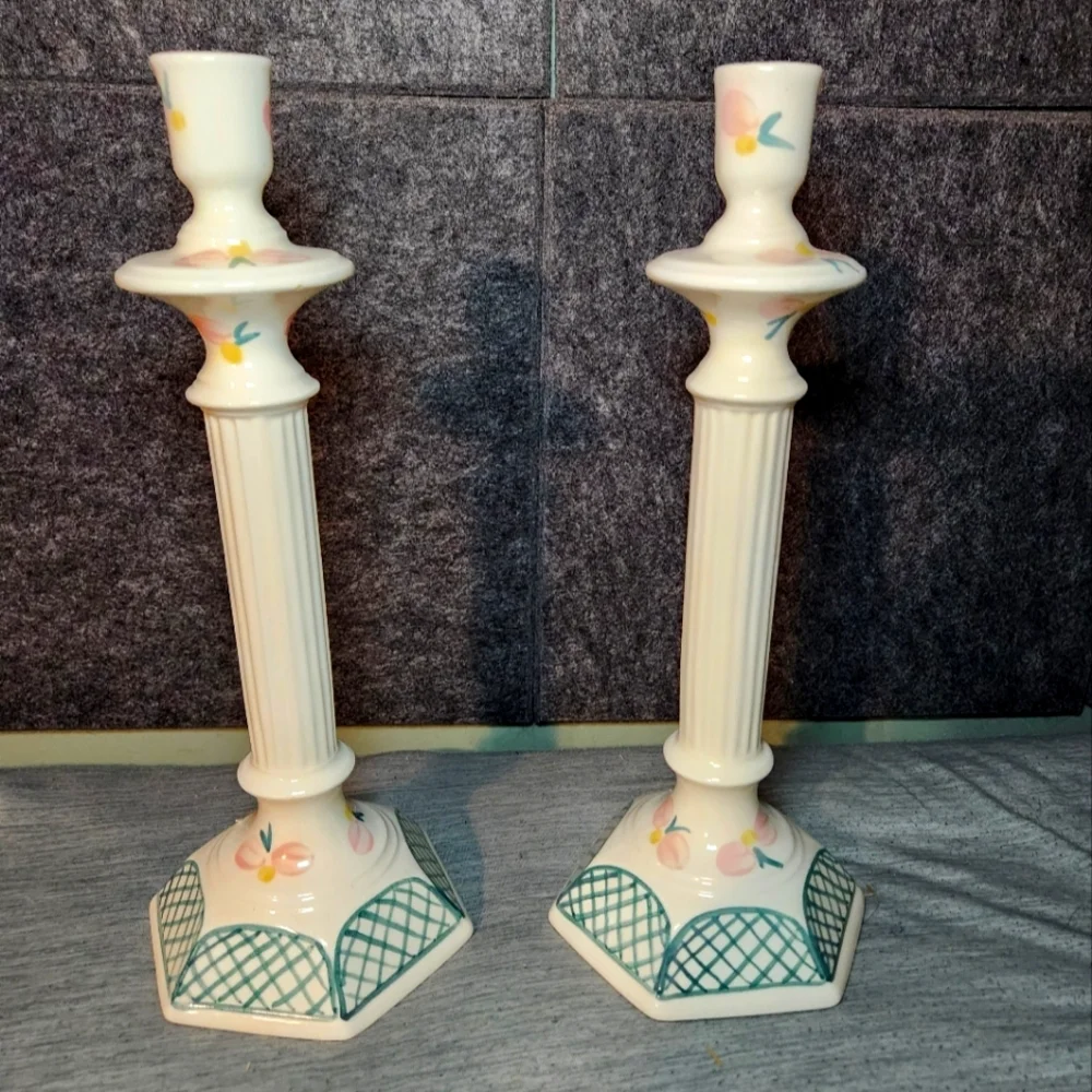 Signed Hand-Painted Ceramic Candlesticks Pink Green Flowers Lattice Design 12